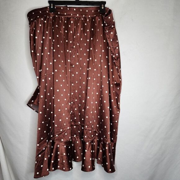 4X 26W Torrid Brown Polka Dot Midi Stretch Satin Skirt Hi Lo Ruffle Pockets Pull - Picture 3 of 7